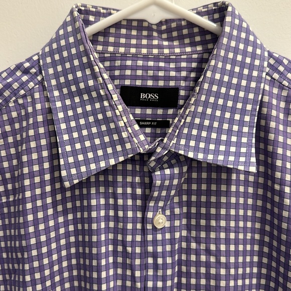 Hugo Boss Sharp Fit Button Down Shirt Purple White Checkered Size L - Picture 2 of 6